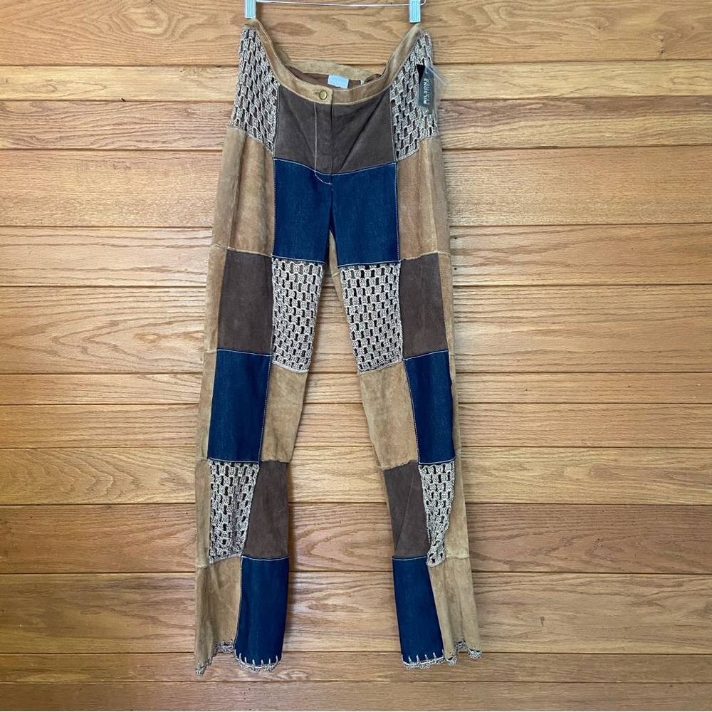 Y2K Wilson's Leather suede denim crochet patchwork halter top pants set - Picture 7 of 14